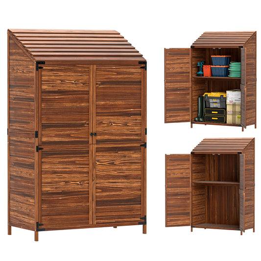 Wooden Garden Storage Shed w/Double Doors and Shelves, Mixed-Brown