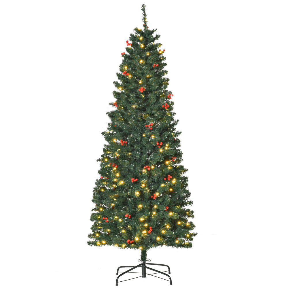 6FT Prelit Artificial Pencil Christmas Tree with Warm White LED Light, Red Berry, Holiday Home Xmas Decoration, Green