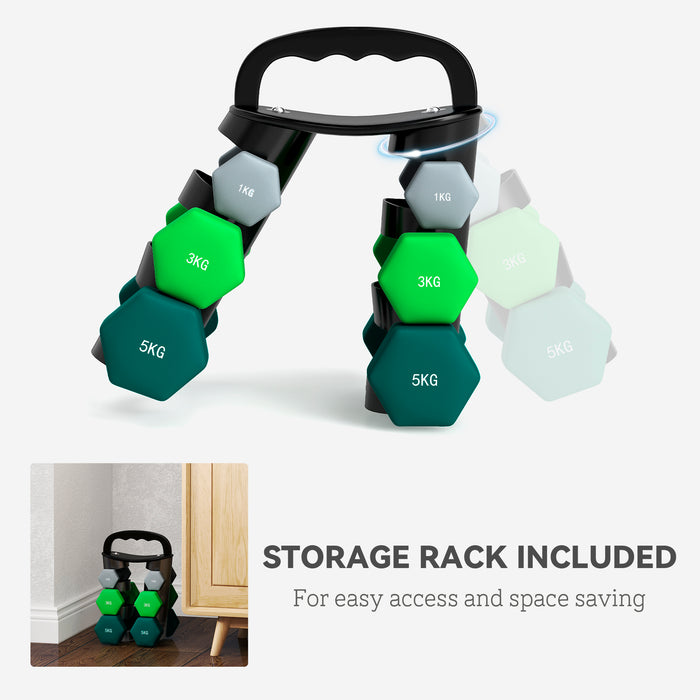 Dumbbells Set with Carry Storage Rack, 2 x 1kg, 2 x 3kg, 2 x 5kg