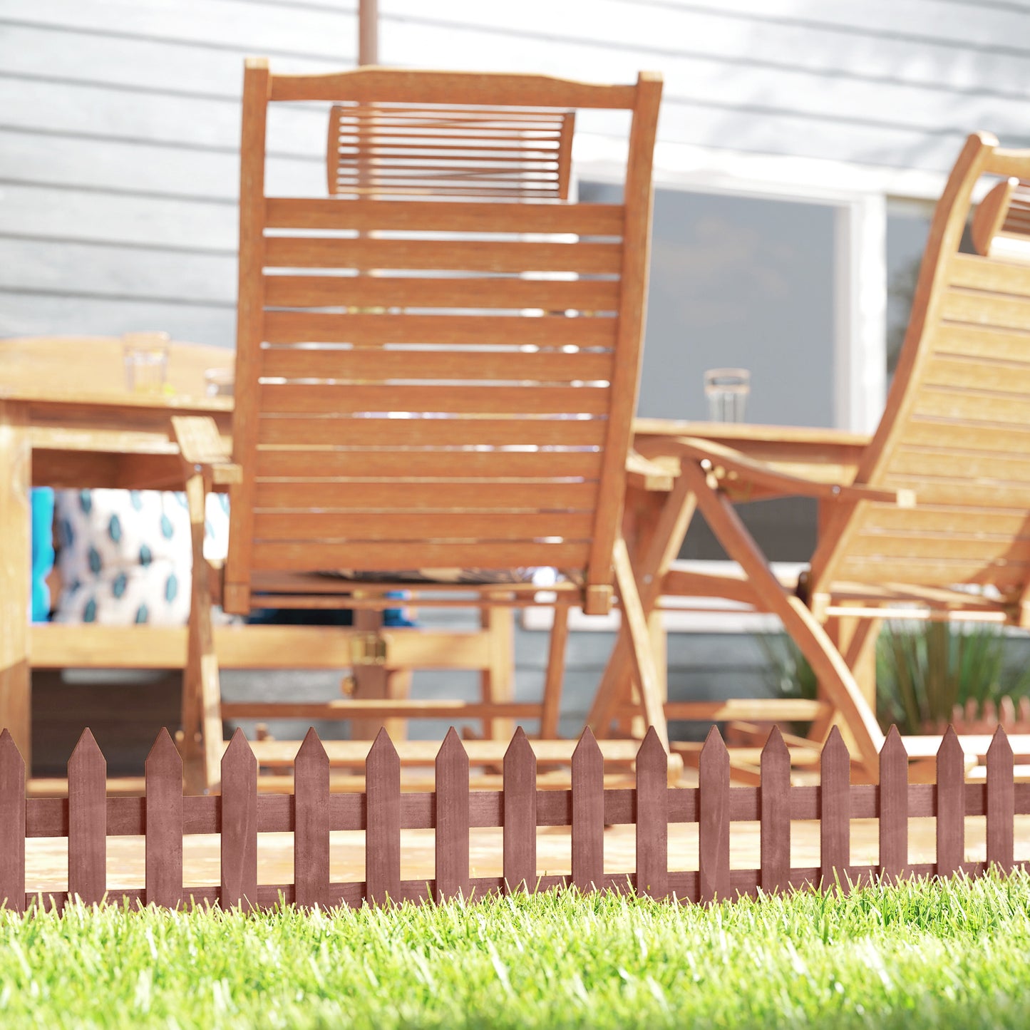 Pack of 12 Wooden Border Fences, Garden Fixed Picket Fence for Lawn Edging, Flowerbed, 60L x 1D x 34H cm, Rustic Brown