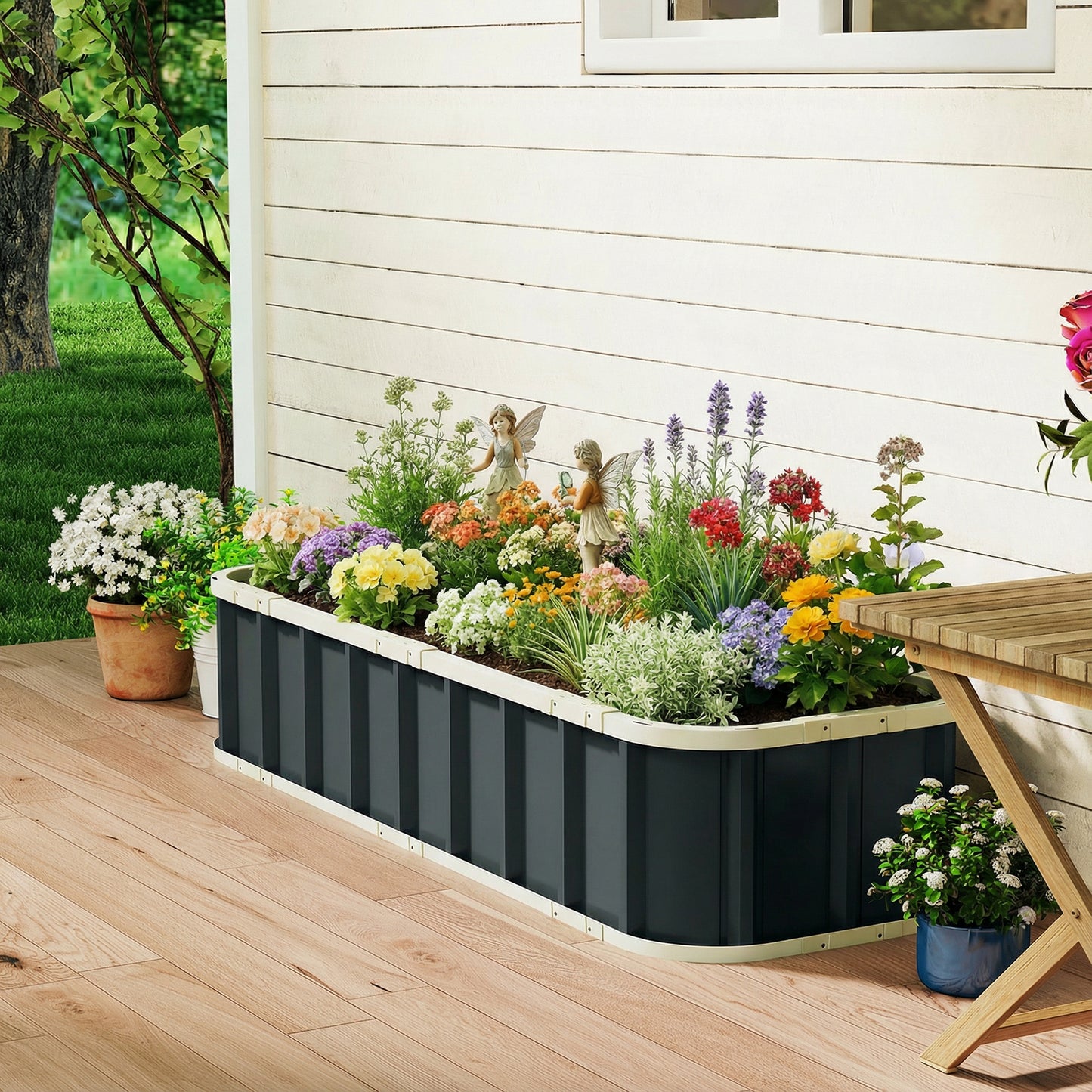 Galvanised Raised Garden Bed with Gloves, Dark Grey