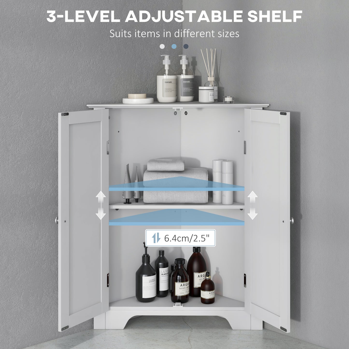 Corner Bathroom Cabinet, Recessed Doors and Adjustable Shelf, White