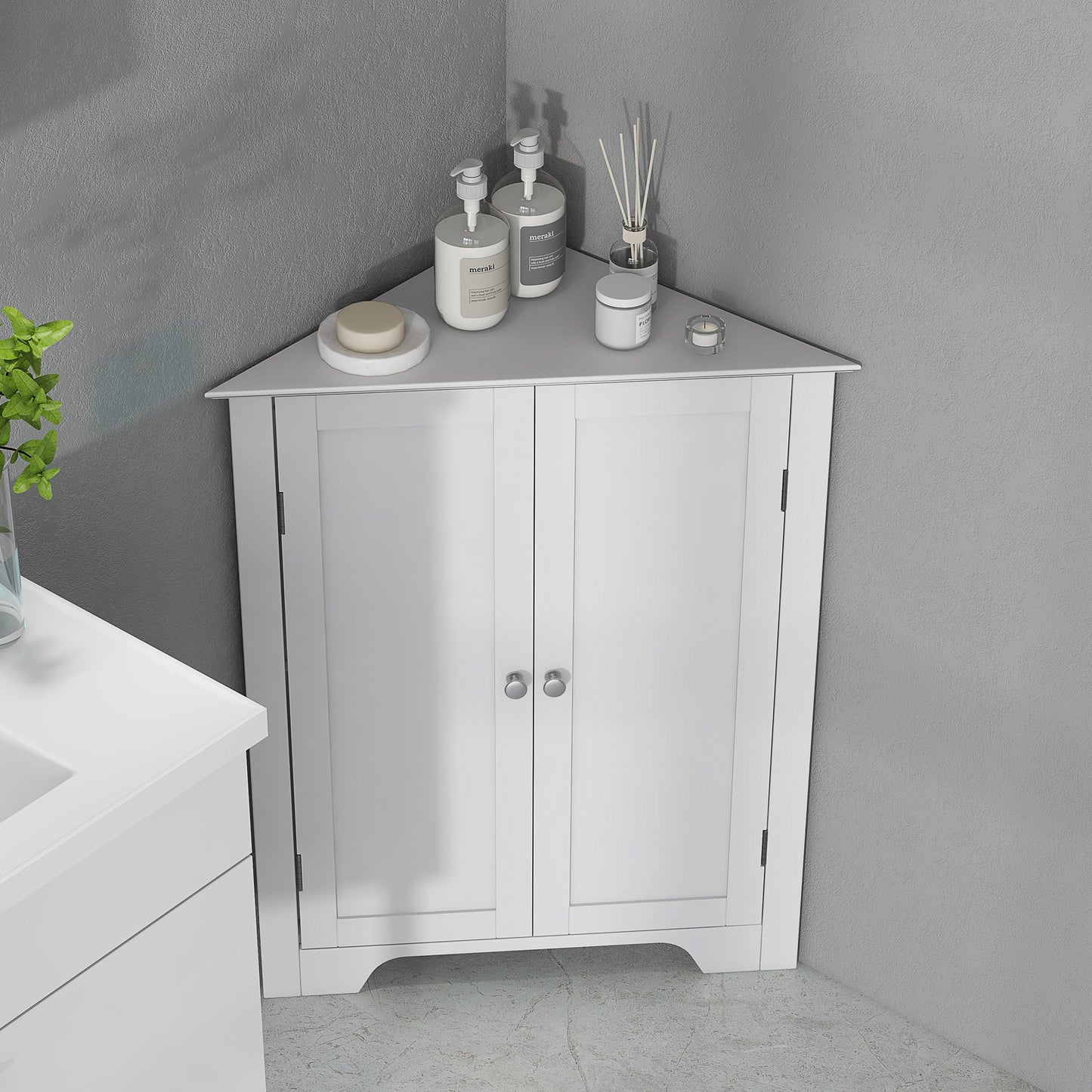Corner Bathroom Cabinet, Recessed Doors and Adjustable Shelf, White