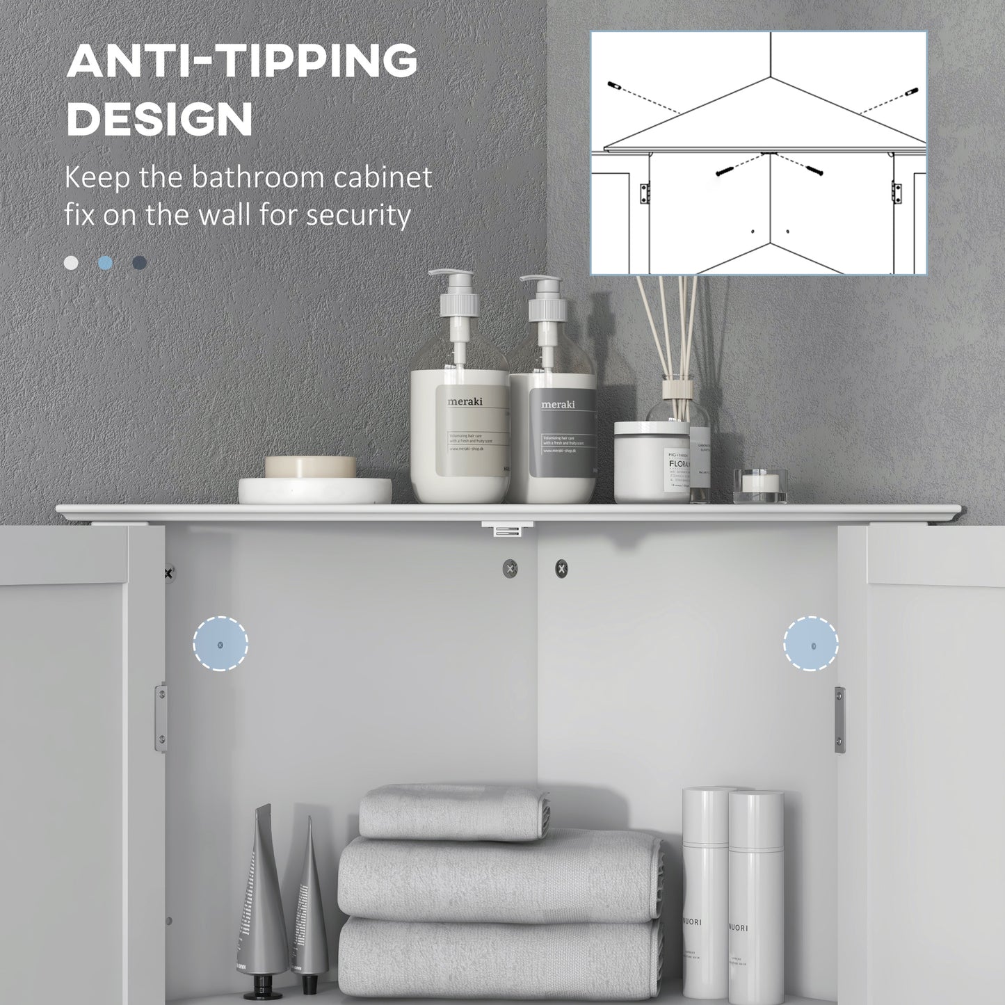 Corner Bathroom Cabinet, Recessed Doors and Adjustable Shelf, White