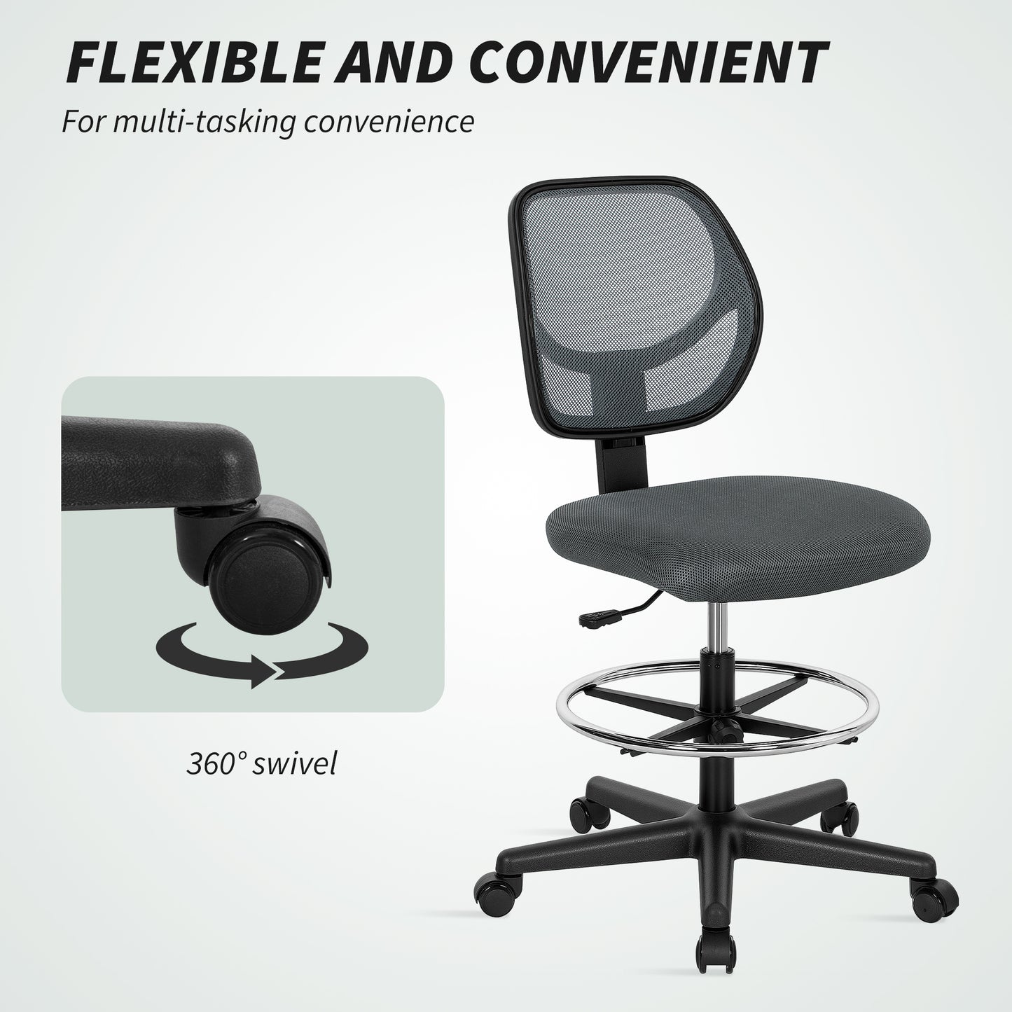 Swivel Mesh Office Chair w/ Adjustable Footrest Ring, Charcoal Grey