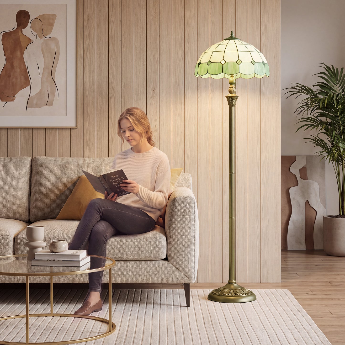 Tiffany-Style Floor Lamp with Glass Shade, Bronze Tone and Green