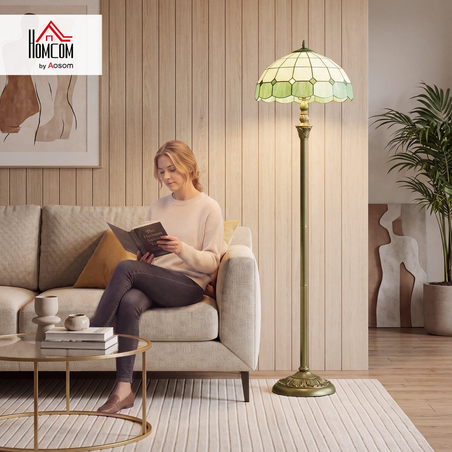 Tiffany-Style Floor Lamp with Glass Shade, Bronze Tone and Green