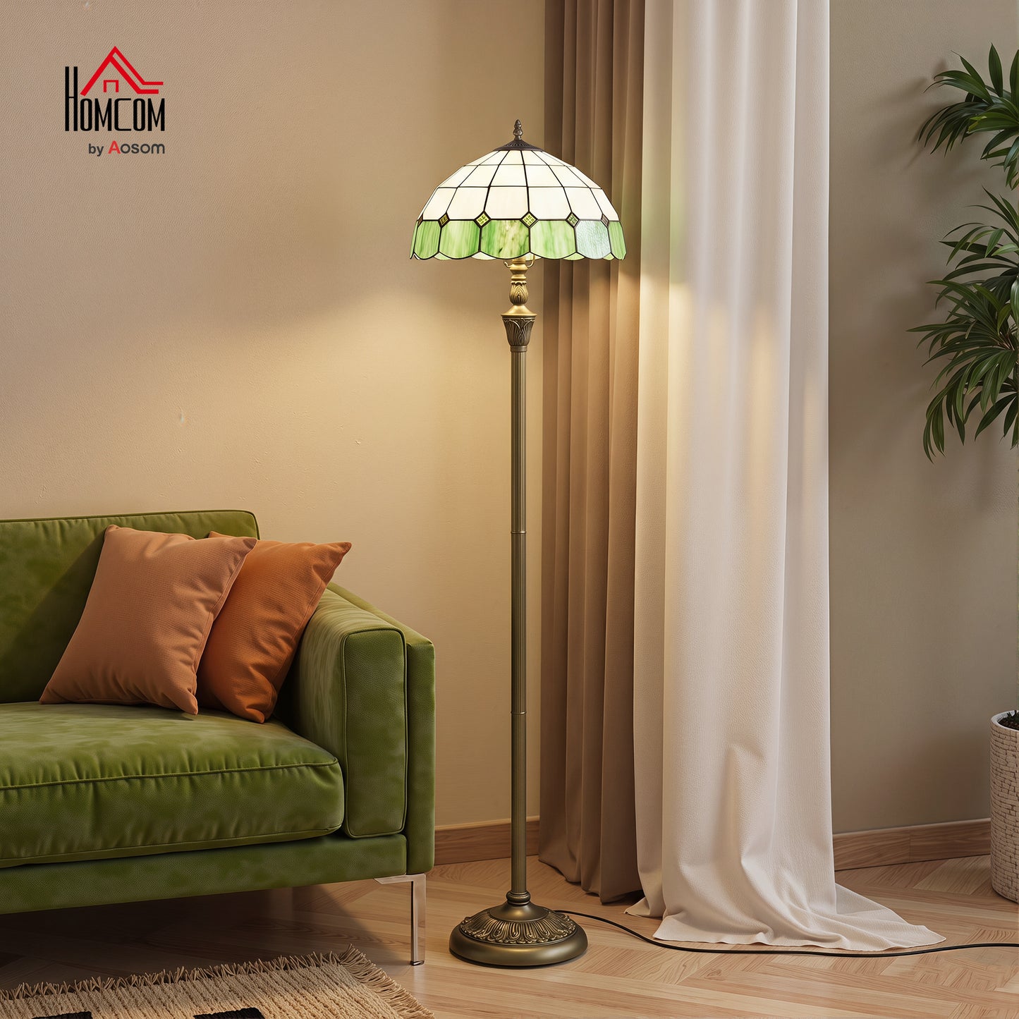 Tiffany-Style Floor Lamp with Glass Shade, Bronze Tone and Green