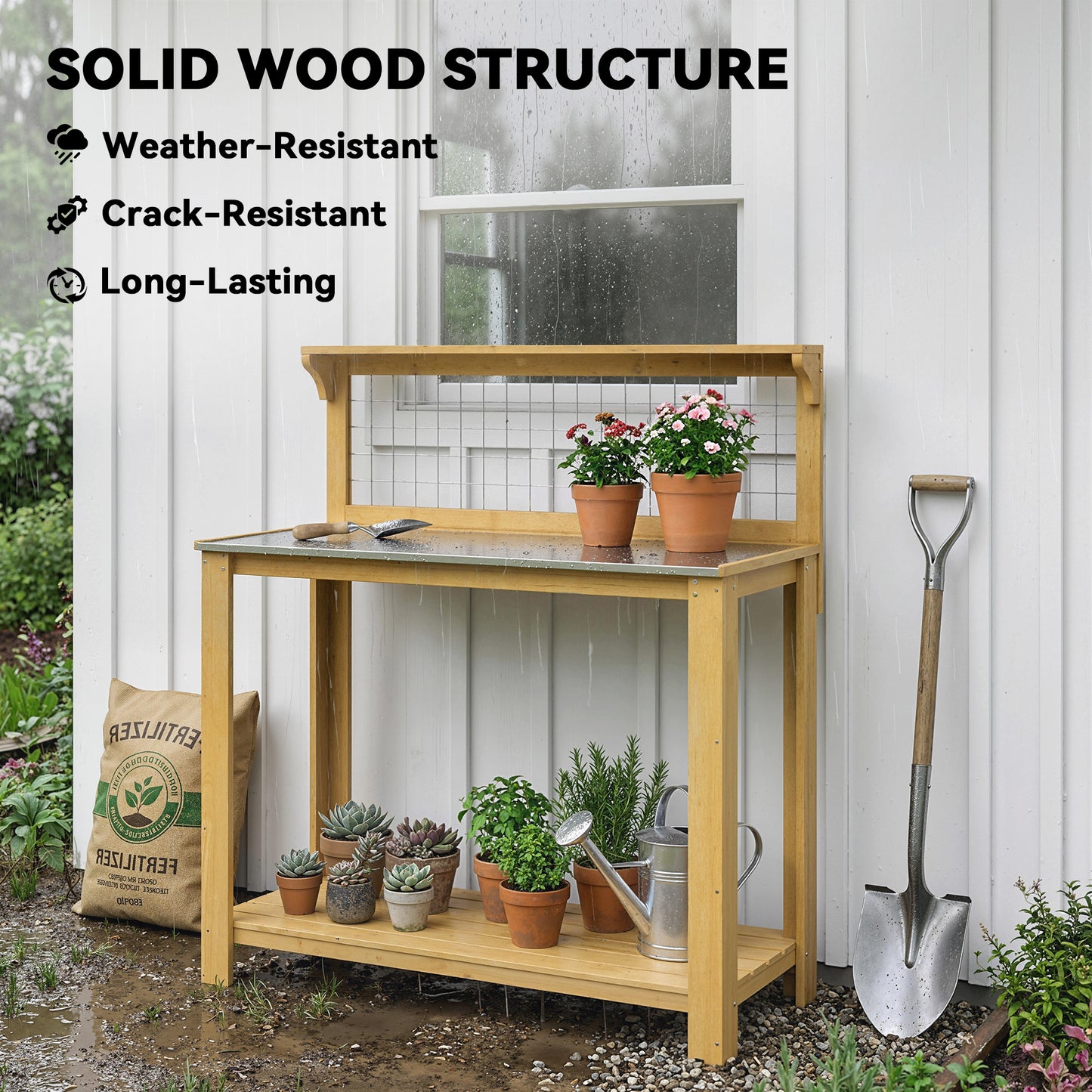 Wooden Potting Bench Table with Aluminium Worktop