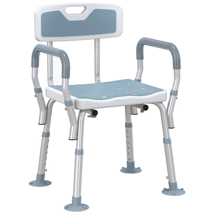 EVA Padded Shower Stool with Back and Arms 4 Suction Foot Pads Blue