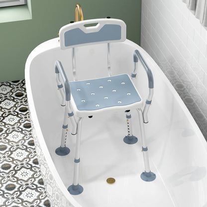EVA Padded Shower Stool with Back and Arms 4 Suction Foot Pads Blue