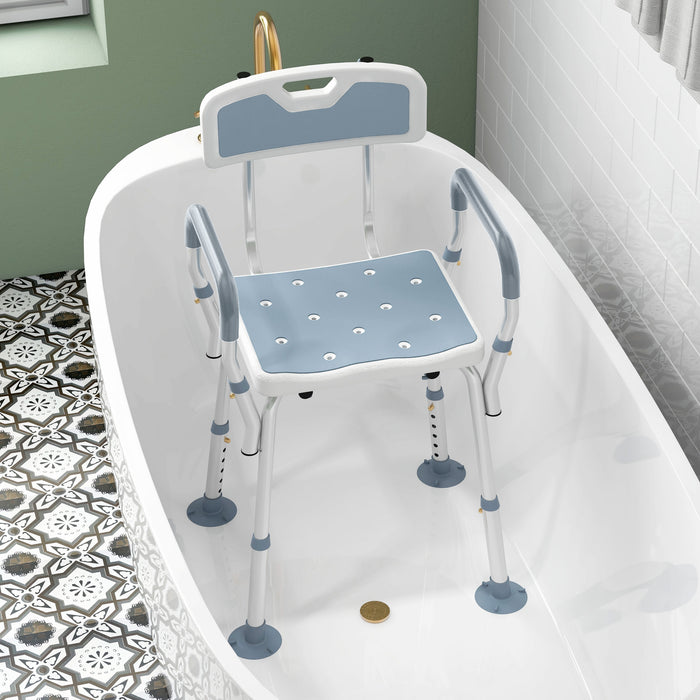 EVA Padded Shower Stool with Back and Arms 4 Suction Foot Pads Blue