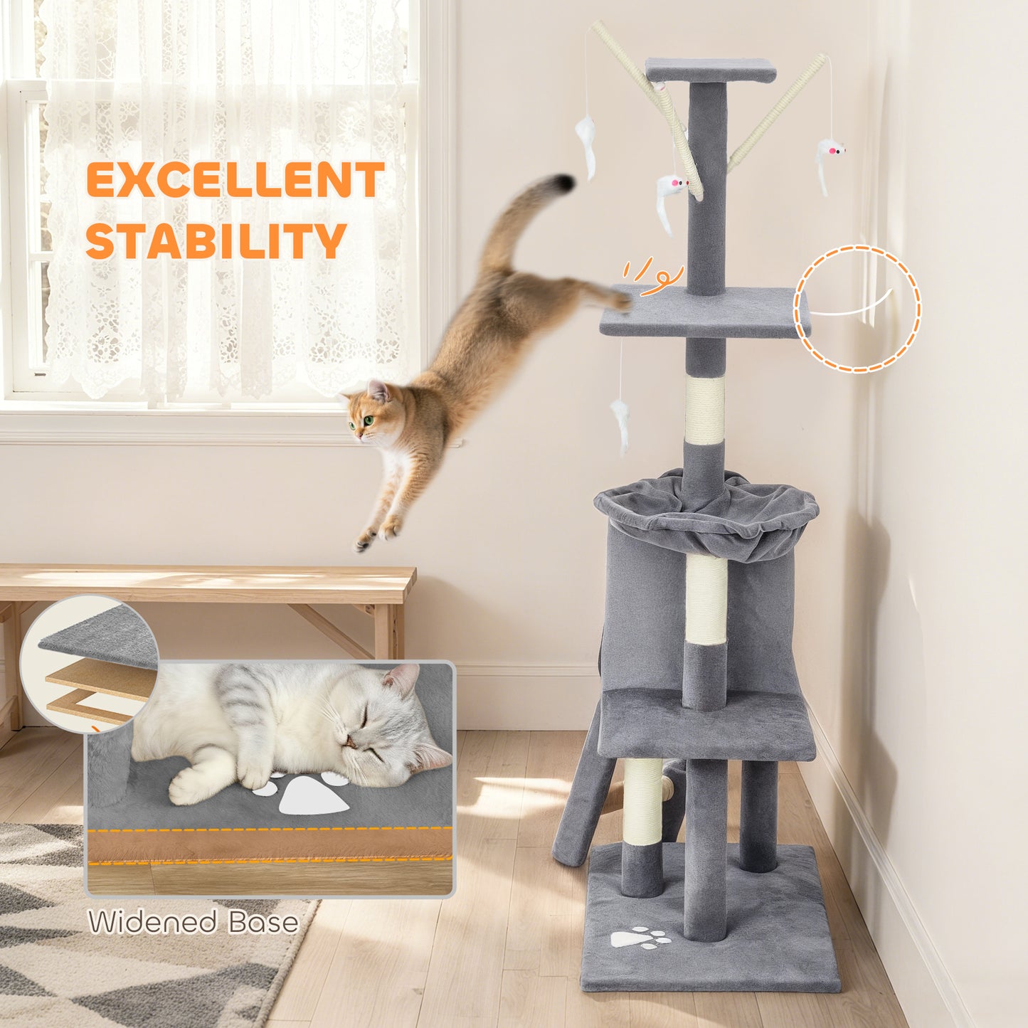 Cat Tree for Indoor Cats, 134cm Scratching Post Climbing Tower, Grey