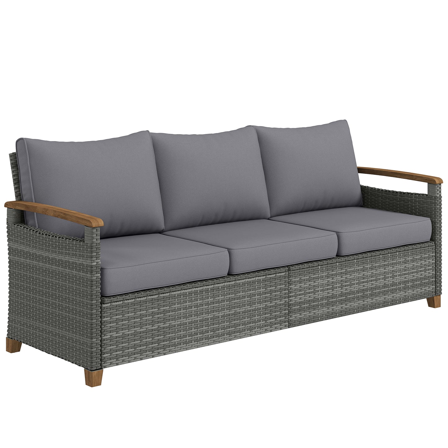 3 Seater Rattan Garden Sofa with Cushioned Wide Seats, Dark Grey