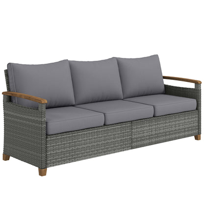 3 Seater Rattan Garden Sofa with Cushioned Wide Seats, Dark Grey