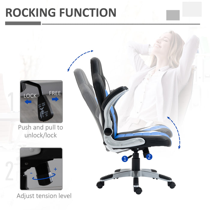 Racing Gaming Chair, PU Leather Computer Desk Chair, Height Adjustable Swivel Chair With Tilt Function and Flip Up Armrests, Blue