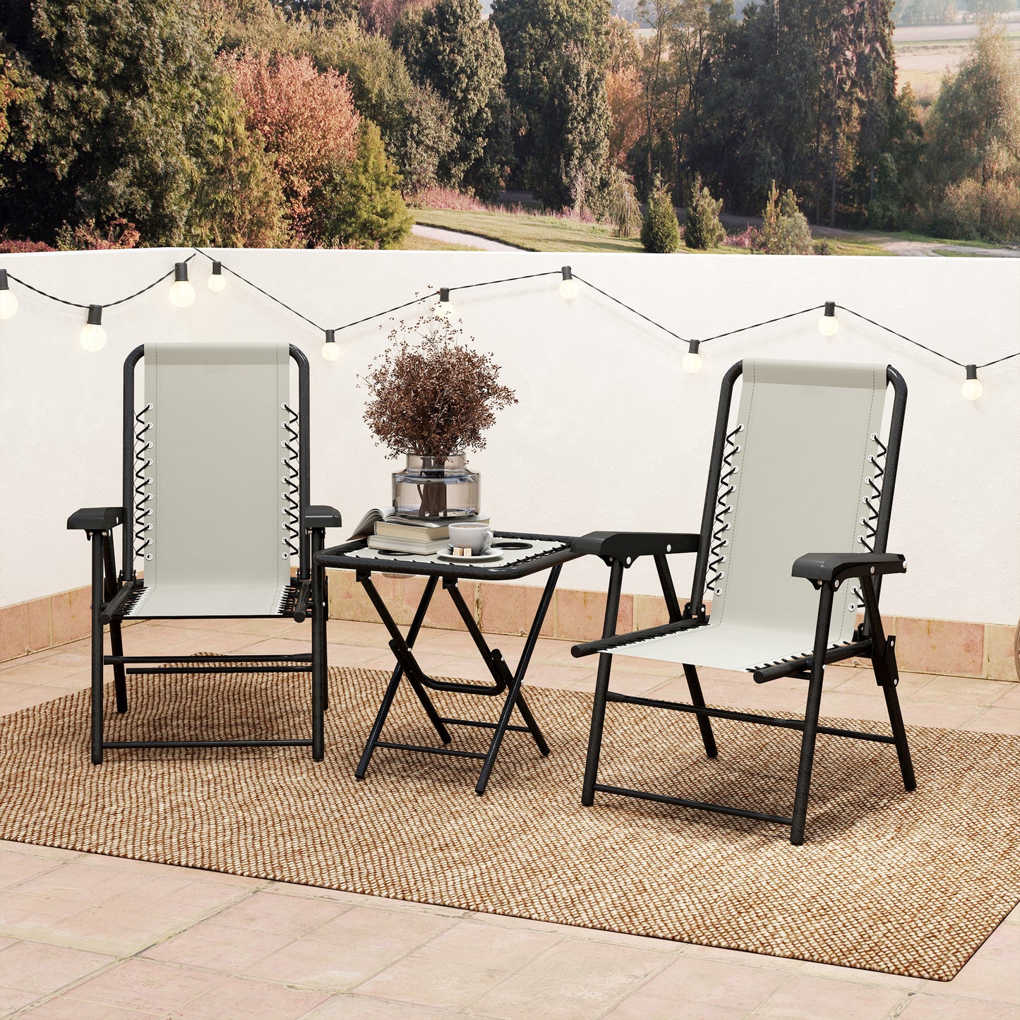 3 Pieces Folding Garden Bistro Set with Cup Holders, Cream White