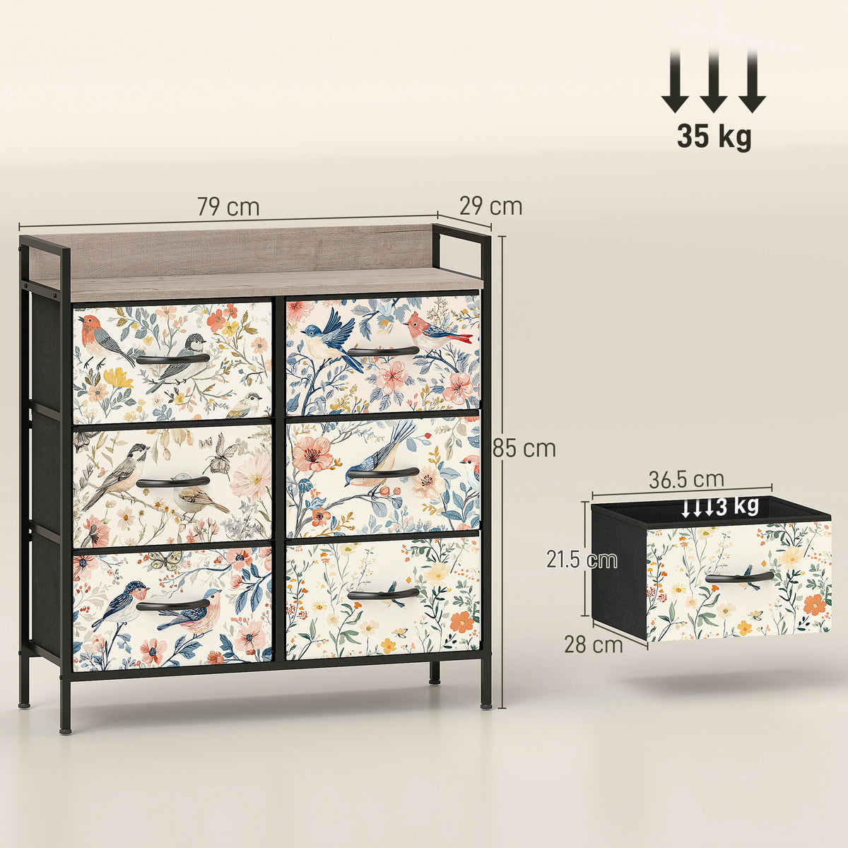 6-Drawer Chest of Drawers, Fabric Dresser, White