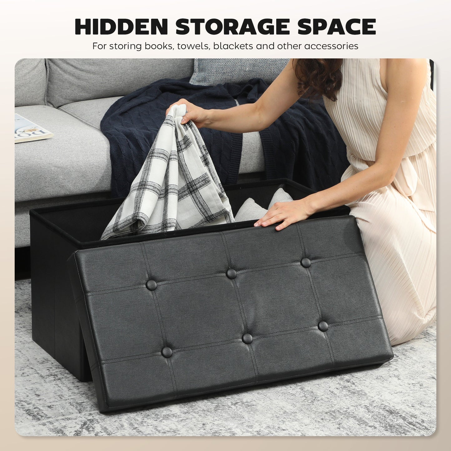 Storage Ottoman Bench, 89L PU Leather Folding Foot Rest, Black