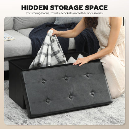 Storage Ottoman Bench, 89L PU Leather Folding Foot Rest, Black