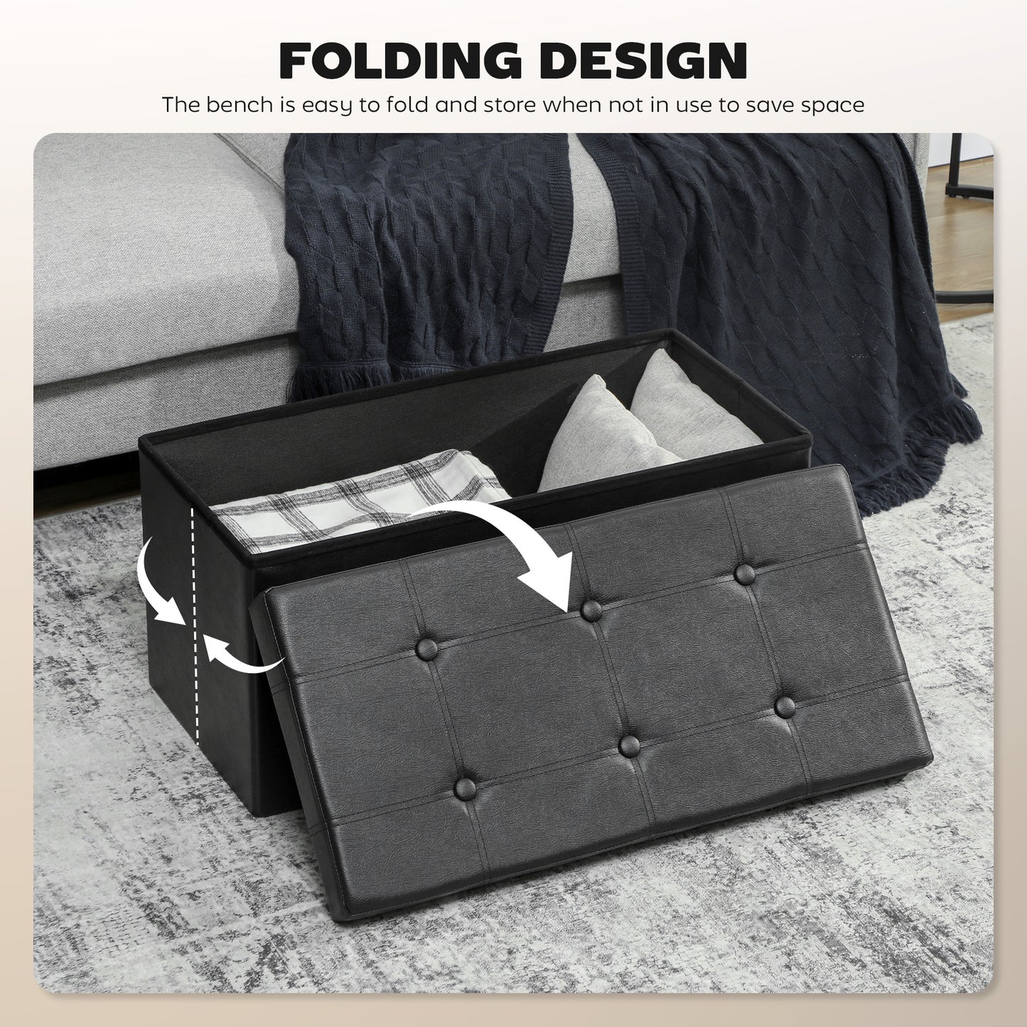 Storage Ottoman Bench, 89L PU Leather Folding Foot Rest, Black
