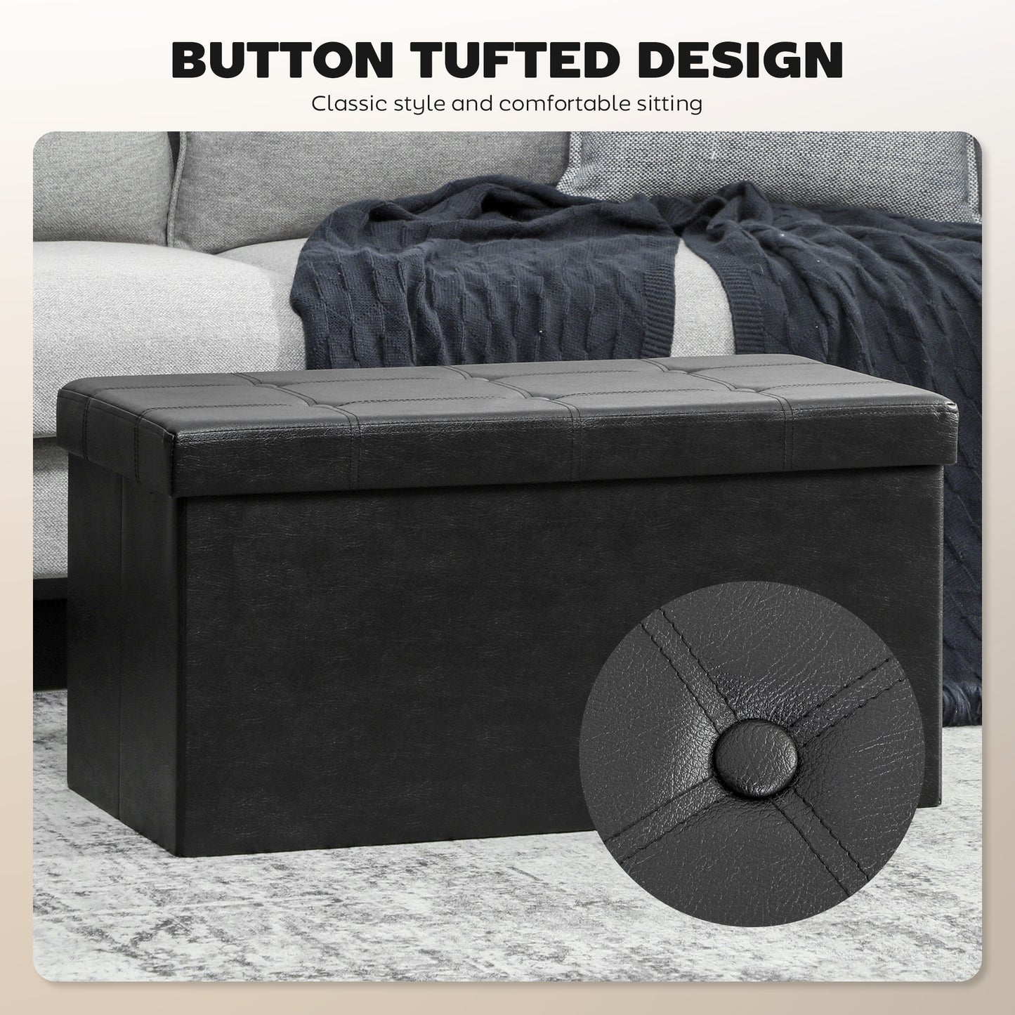 Storage Ottoman Bench, 89L PU Leather Folding Foot Rest, Black