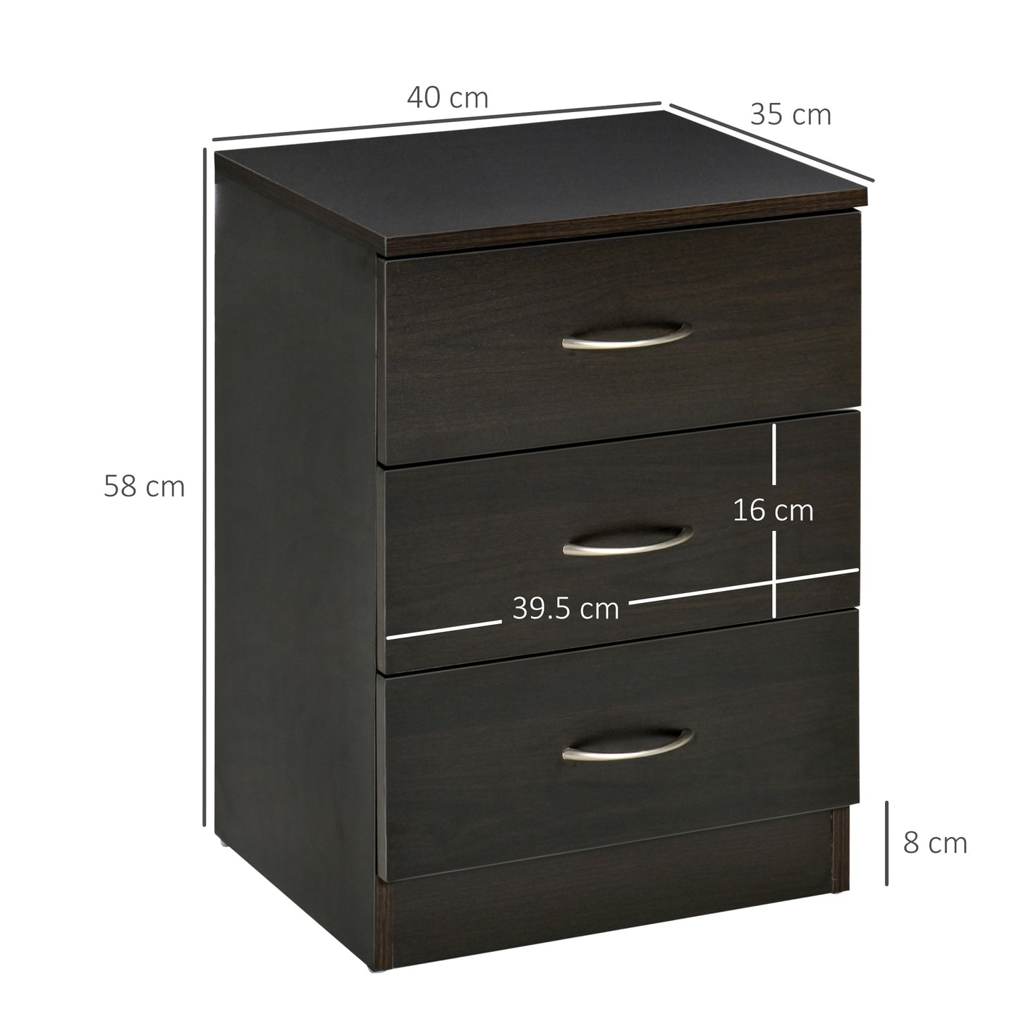 Modern 3 Drawers Side Table, Bedside Table with Wood Effect, Black