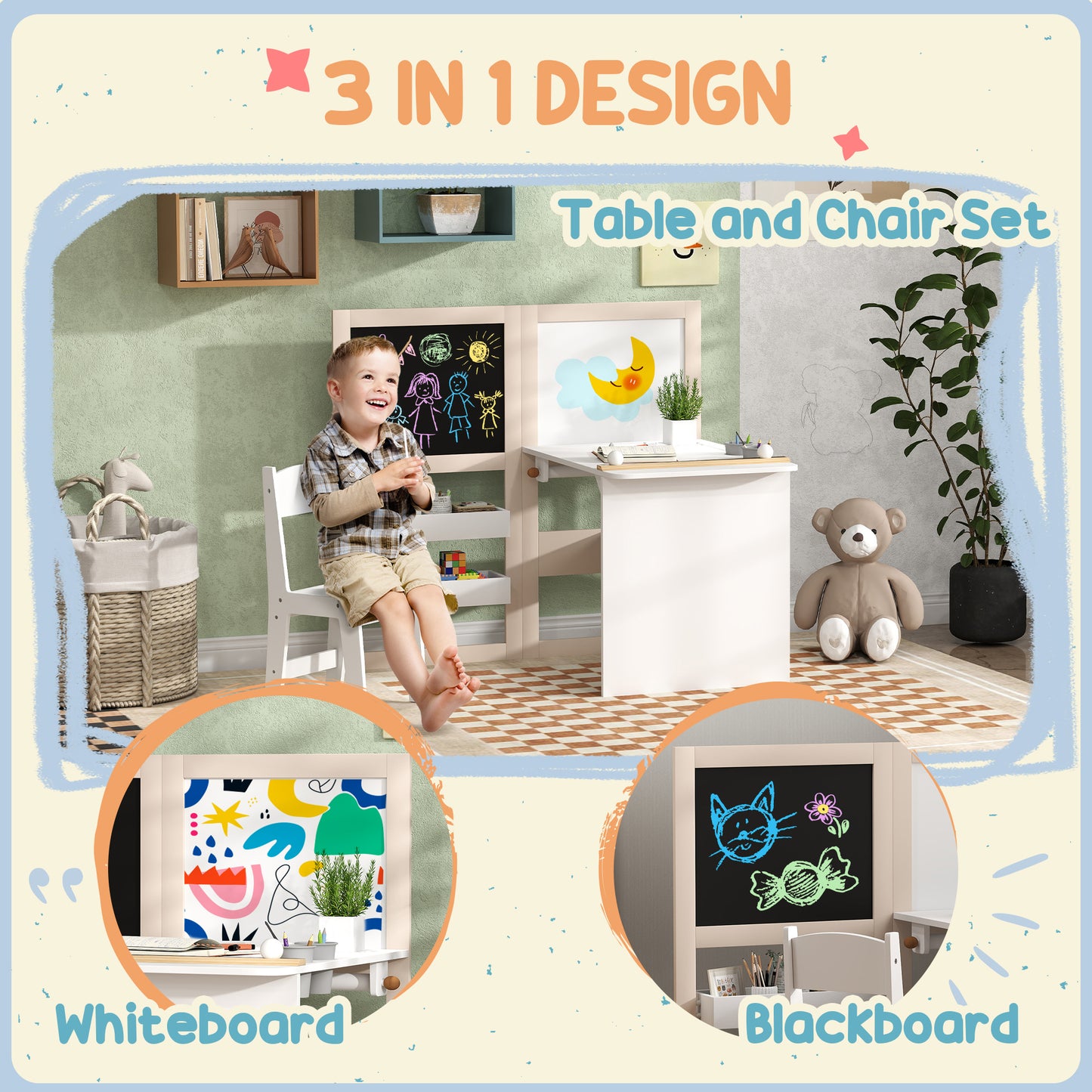 3 in 1 Kids Table and Chair Set with Whiteboard and Blackboard