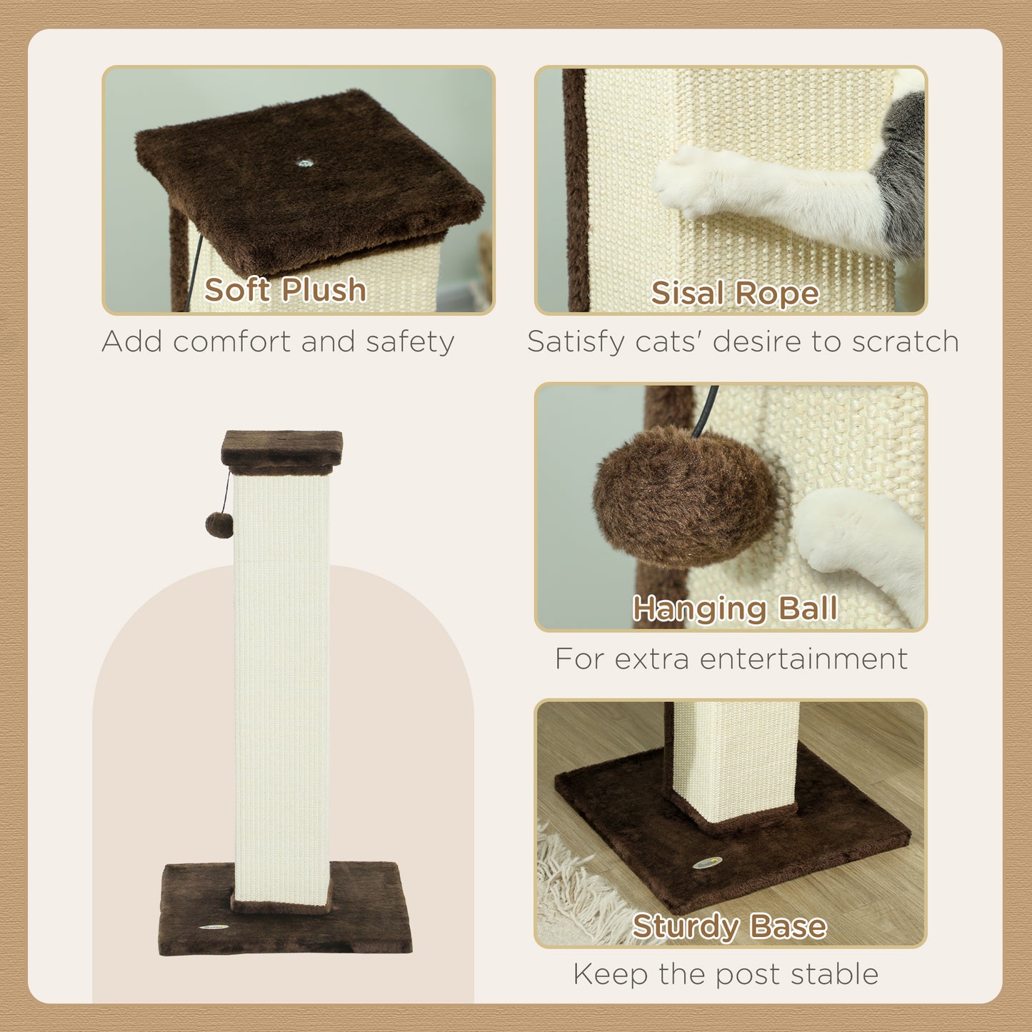 81cm Cat Scratching Post w/ Sisal Rope, Hanging Ball Soft Plush Brown