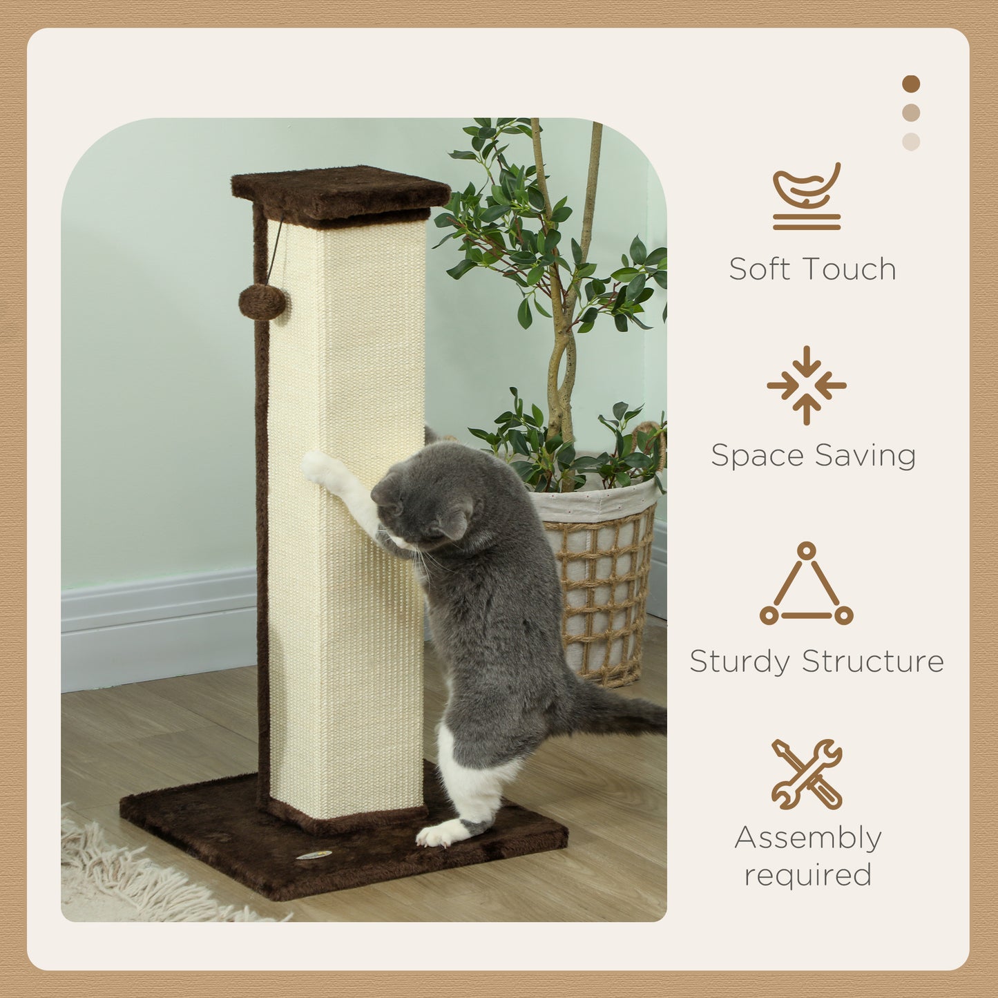 81cm Cat Scratching Post w/ Sisal Rope, Hanging Ball Soft Plush Brown