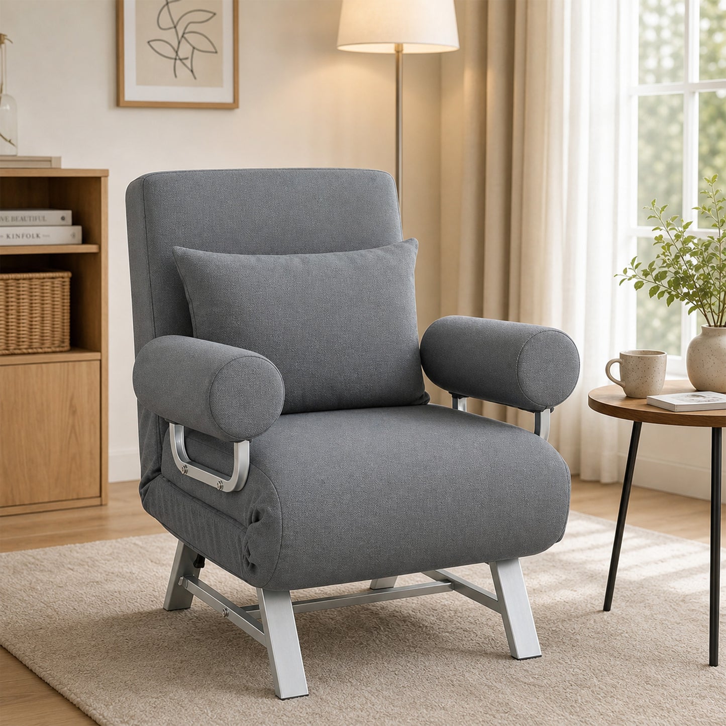 Single Sofa Bed, 3-in-1 Convertible Folding Chair Bed, Dark Grey