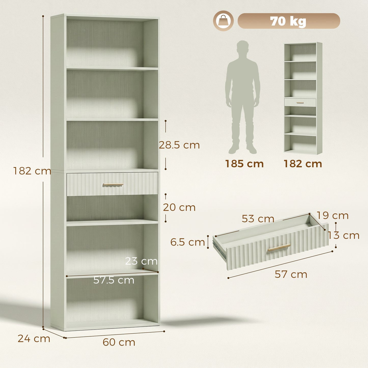 Tall Bookcase with Cubes, 7-Tier Bookshelf with Drawer, Light Green