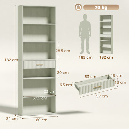Tall Bookcase with Cubes, 7-Tier Bookshelf with Drawer, Light Green