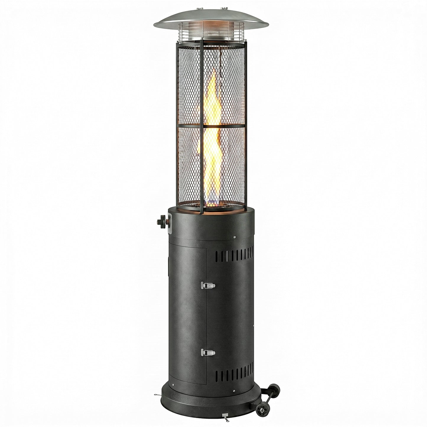11 KW Freestanding Gas Patio Heater, Adjustable Outdoor Garden Propane Heater with Tip-Over Switch, Wheels, Pulse Ignition, Tank Room with Openable Door, Black