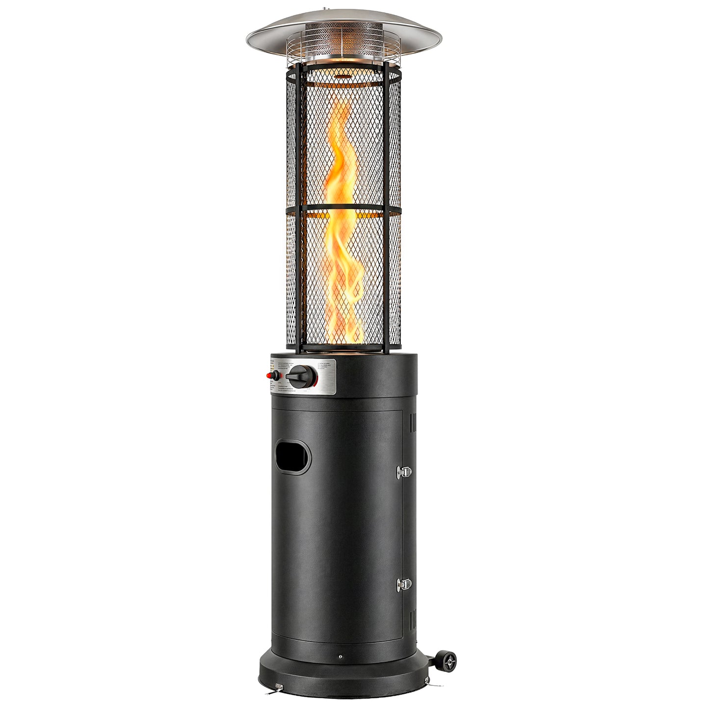 11 KW Freestanding Gas Patio Heater, Adjustable Outdoor Garden Propane Heater with Tip-Over Switch, Wheels, Pulse Ignition, Tank Room with Openable Door, Black