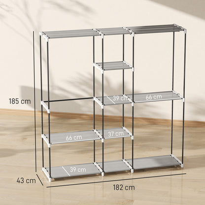 Portable Wardrobe, Open Clothes Wardrobe with 8 Shelves, 3 Hanging Rails, Freestanding Coat Rack Organiser, 182 x 43 x 185cm, Light Grey