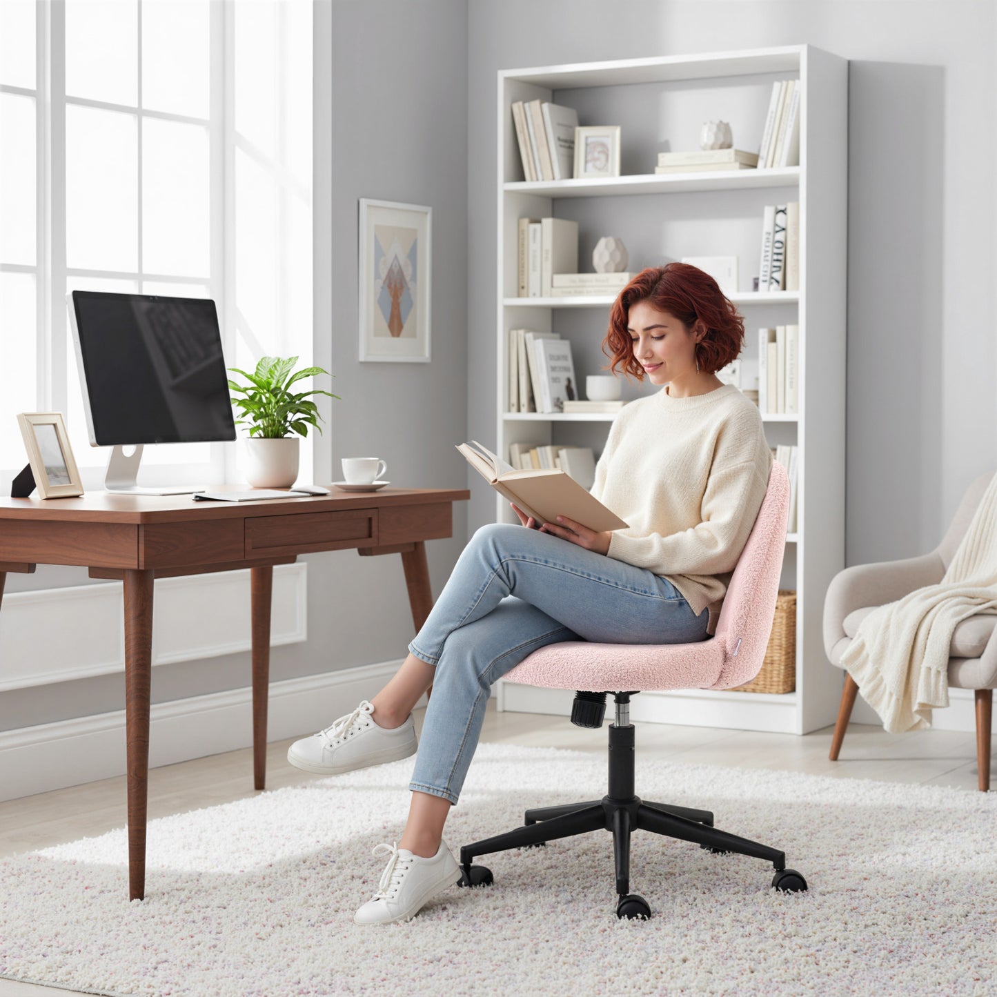 Desk Chair, Fluffy Swivel Office Chair for Makeup Vanity, Light Pink