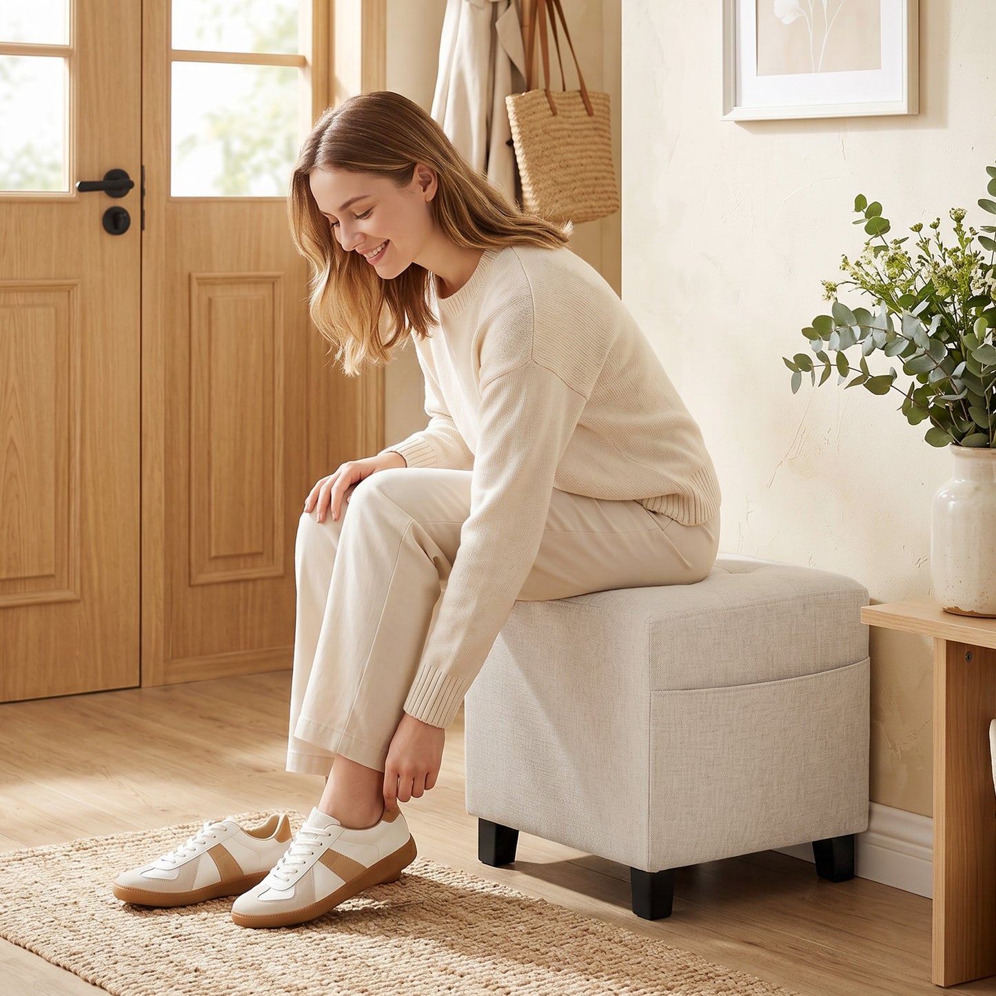 Square Footstool, Small Ottoman with Side Pocket, Linen-look Fabric Footrest Foot Stool with Rubber Wood Legs and Padded Seat for Living Room, Bedroom, Entryway, 35 x 35 x 35cm, Beige