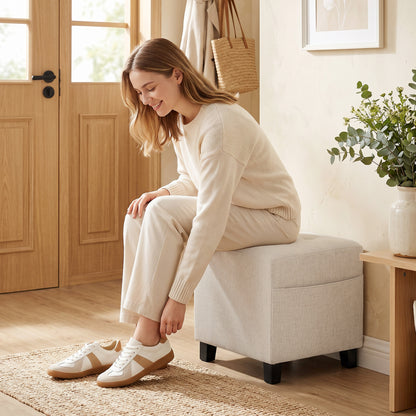 Square Footstool, Small Ottoman with Side Pocket, Linen-look Fabric Footrest Foot Stool with Rubber Wood Legs and Padded Seat for Living Room, Bedroom, Entryway, 35 x 35 x 35cm, Beige