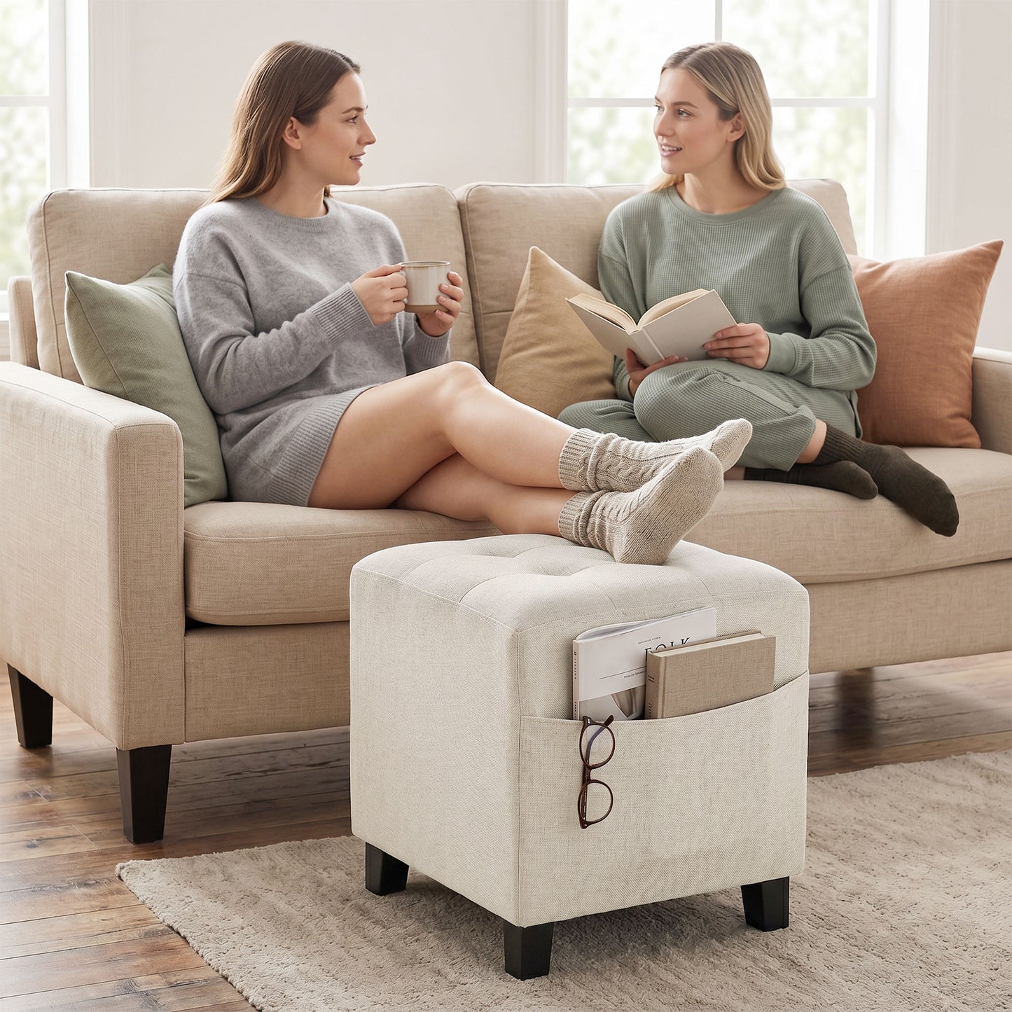 Square Footstool, Small Ottoman with Side Pocket, Linen-look Fabric Footrest Foot Stool with Rubber Wood Legs and Padded Seat for Living Room, Bedroom, Entryway, 35 x 35 x 35cm, Beige