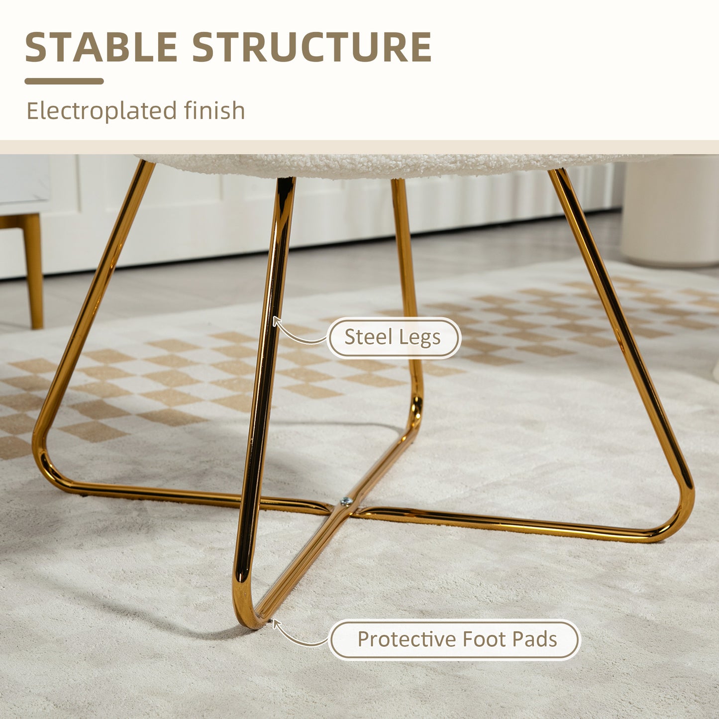 Accent Chair Set of 2, Cashmere Armchair with Steel Legs, Cream White