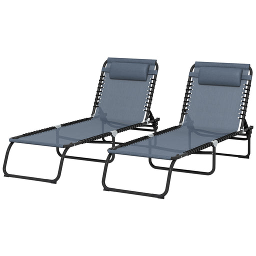 2 Pcs Folding Sun Lounger Beach Chaise Chair Garden Cot Camping Recliner with 4 Position Adjustable Grey