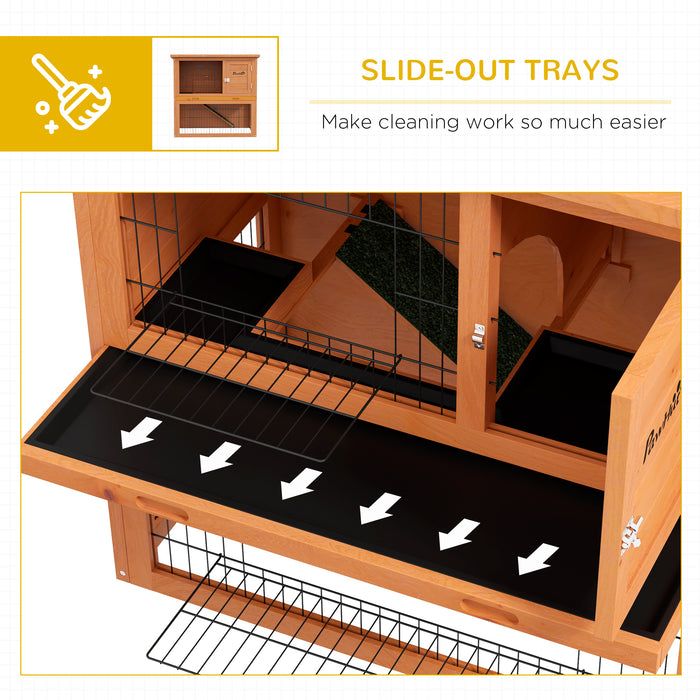 Two-Tier Antiseptic Wood Rabbit Hutch, 80cm Guinea Pig Hutch with Run - Orange