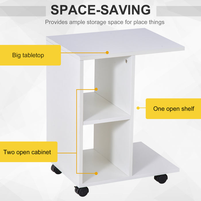 C-Shape End Table Unique Storage Unit w/ 2 Shelves 4 Wheels Freestanding Home Office Furniture Cabinet Square Studio White