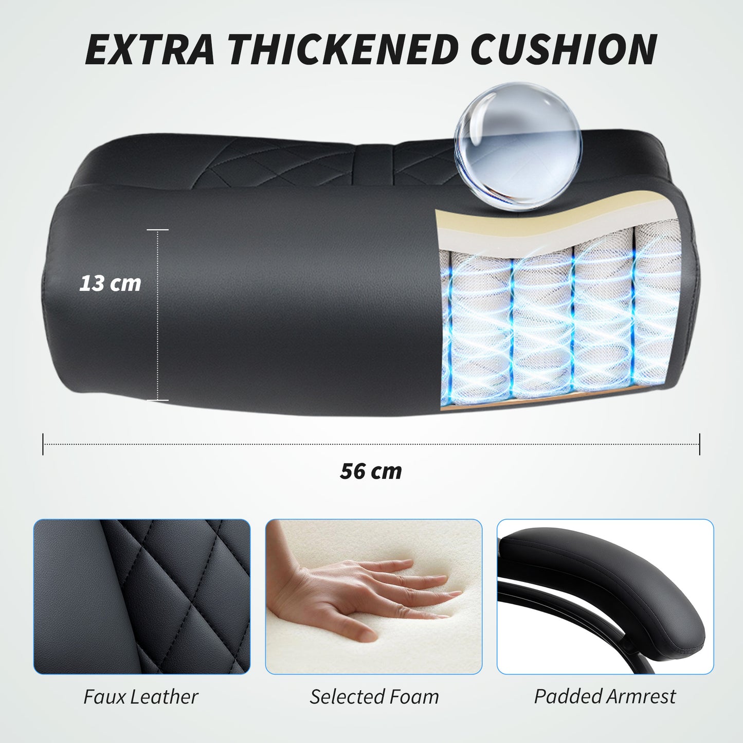 PU Leather Office Chair with Spring Padding, Swivel Wheels, Black