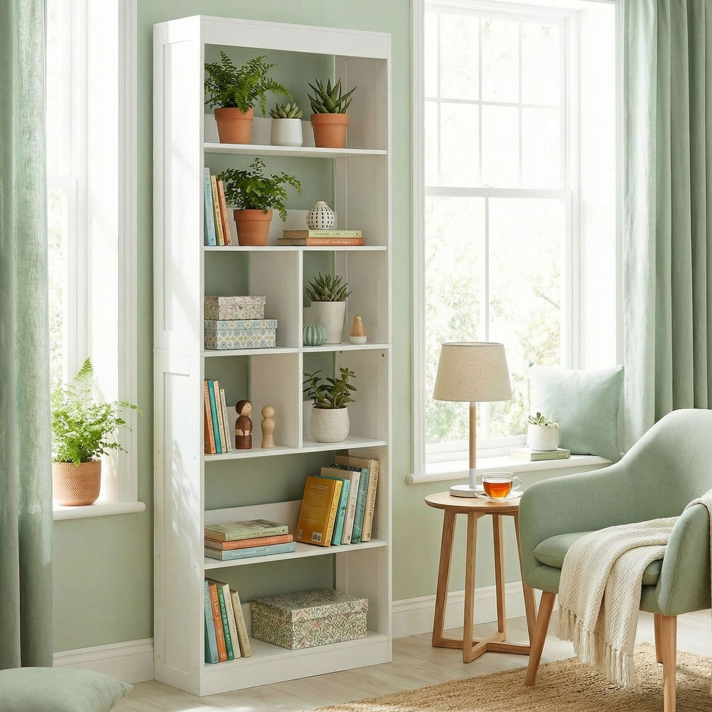 Bookcase, 6-Tier Bookshelf with 4 Open Storage Shelves, 4 Cubes, 68 x 24 x 180 cm Tall Display Shelf with Anti-Tipping Design for Living Room, Bedroom, Study, White