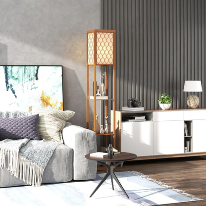 Modern Floor Lamp Light with 3 Shelves Fabric Lampshade Natural