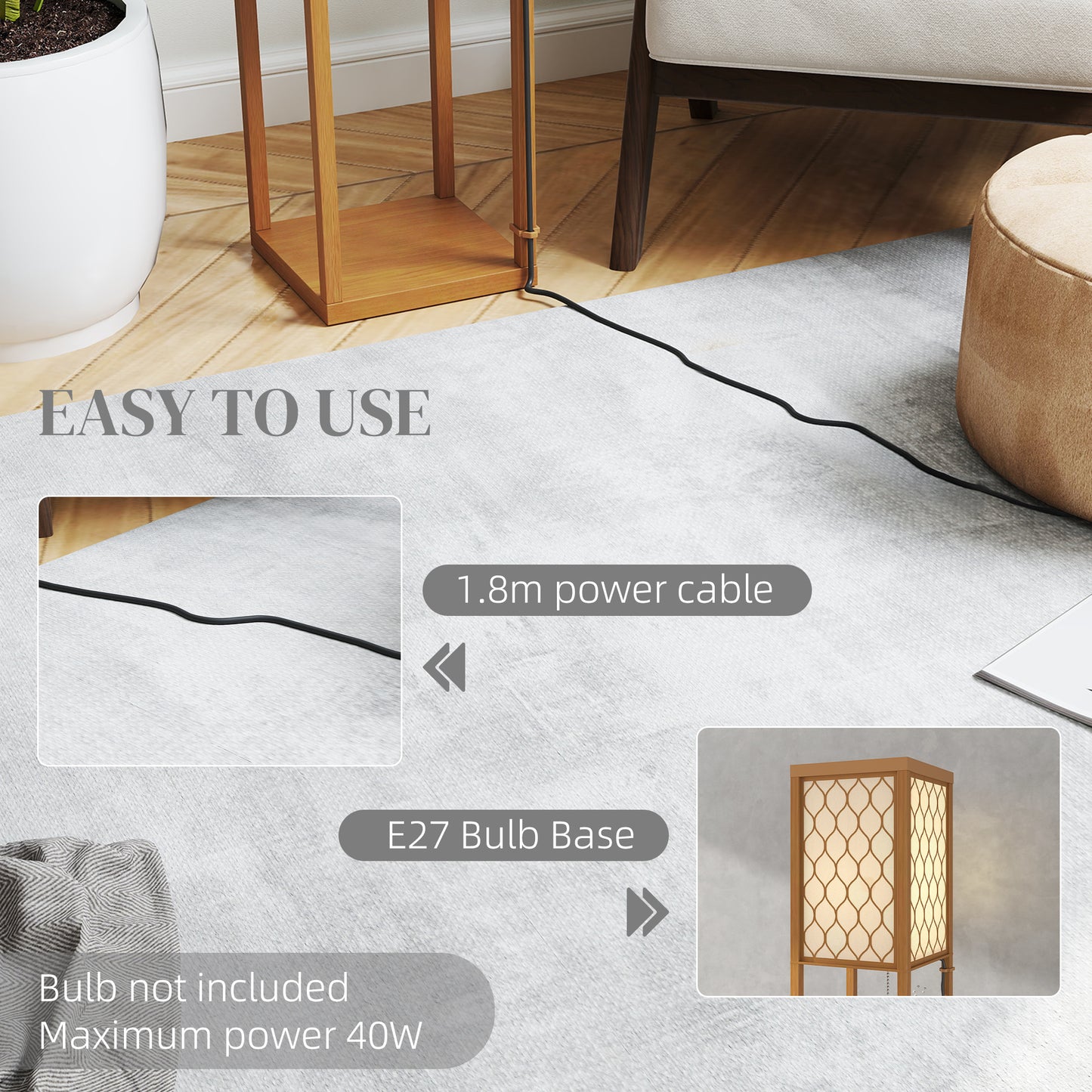 Modern Floor Lamp Light with 3 Shelves Fabric Lampshade Natural