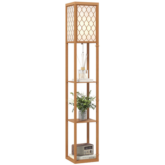 Modern Floor Lamp Light with 3 Shelves Fabric Lampshade Natural
