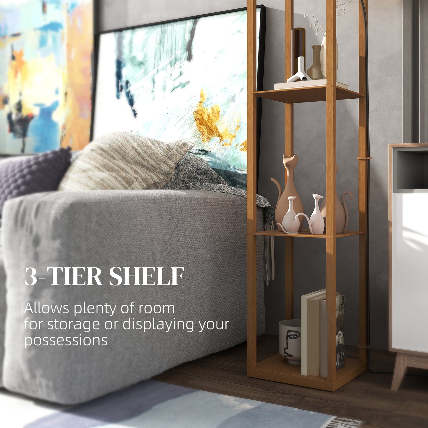 Modern Floor Lamp Light with 3 Shelves Fabric Lampshade Natural